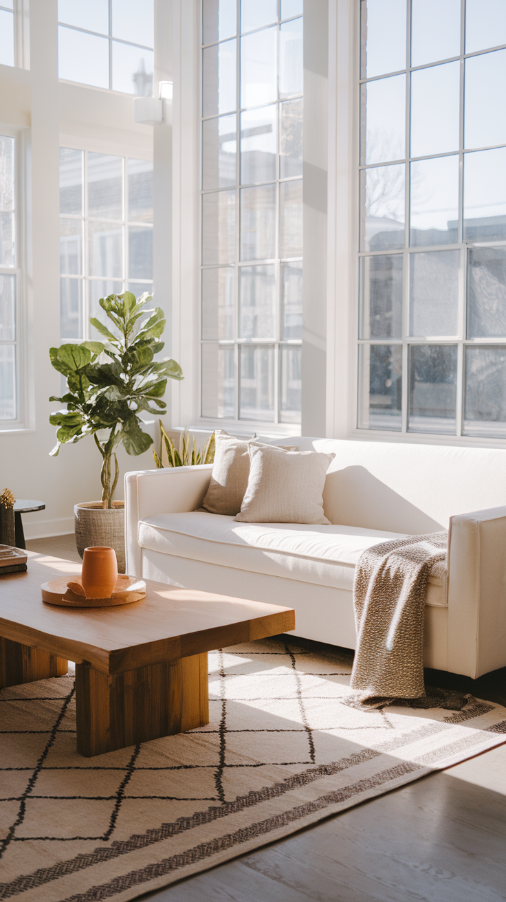 A bright and airy living room with large windows, a white sofa, a wooden coffee table, and a plant.