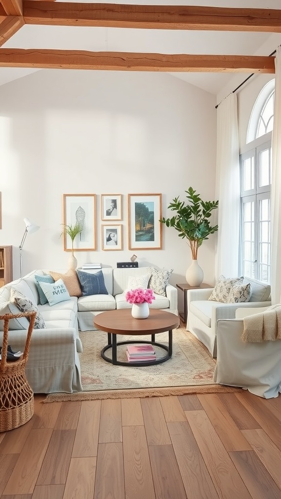A bright and airy living room featuring a light-colored couch, colorful cushions, and wooden beams.