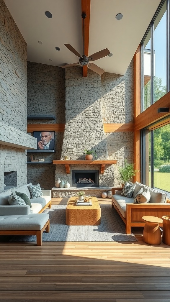 A modern living room with natural stone walls, wooden beams, and large windows showcasing outdoor greenery.