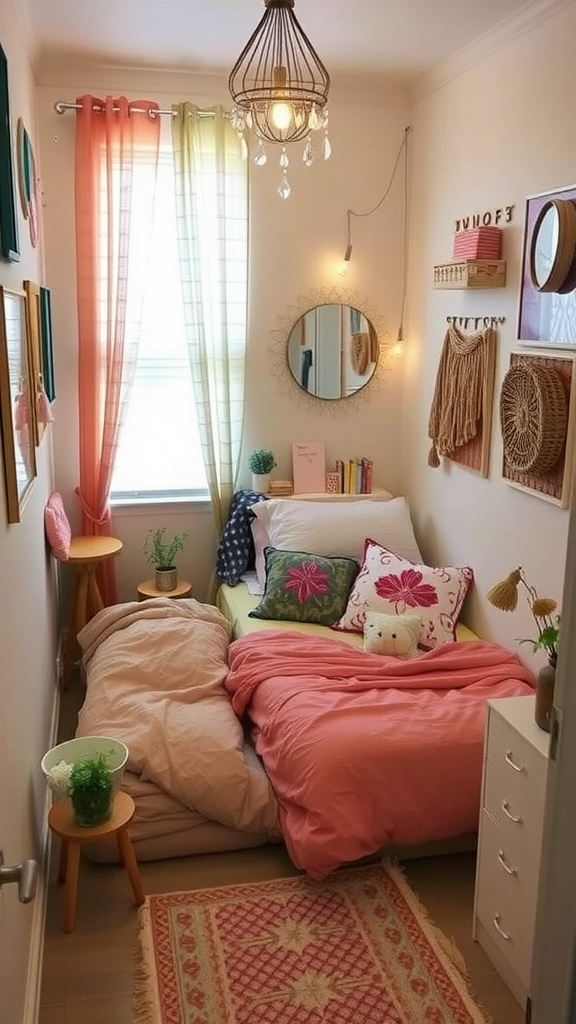 A cozy and colorful tiny bedroom with a neatly made bed, decorative pillows, and plants.