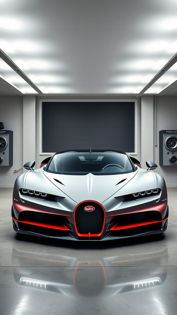 A Bugatti Centodieci in a modern garage showcasing luxury and design.