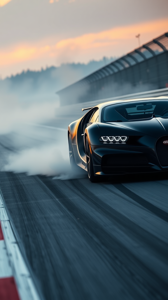 A black Bugatti Divo drifts on a racetrack, leaving a trail of smoke behind, set against a vibrant sunset.