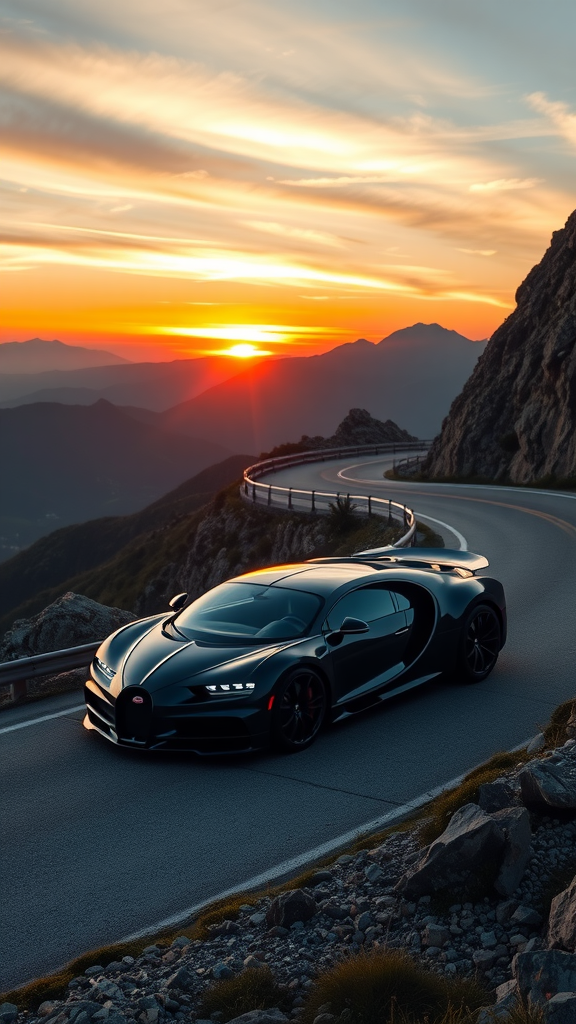 A Bugatti La Voiture Noire parked on a winding mountain road during sunset.