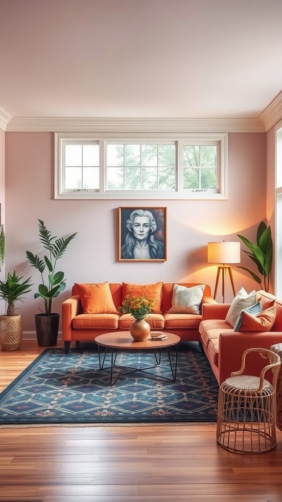 A cozy living room with orange couches, colorful cushions, a patterned rug, and plants, creating an inviting atmosphere.
