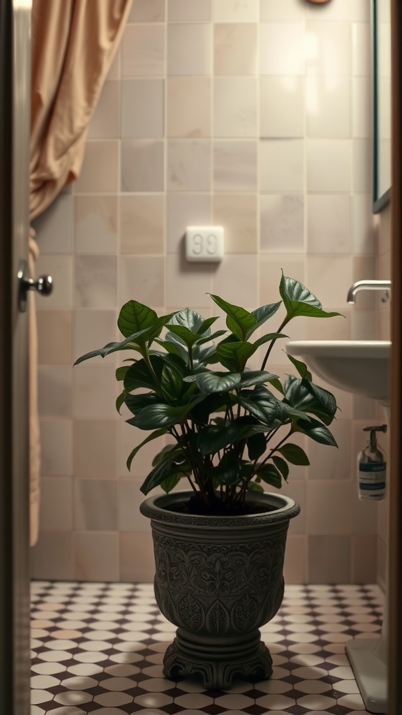 A Cast Iron Plant in a decorative pot, set against a tiled bathroom backdrop.