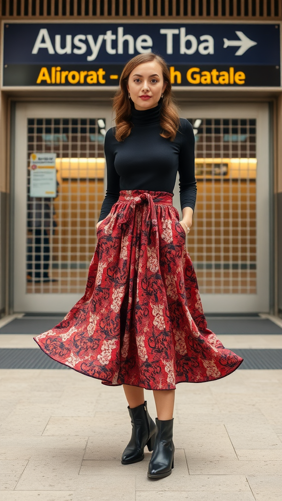 A woman in a black turtleneck and red patterned midi skirt stands confidently at an airport terminal, showcasing a stylish travel outfit.