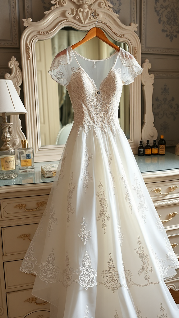 A beautiful white wedding dress with Chantilly lace overlay hanging on a wooden hanger, reflecting in a vintage mirror.