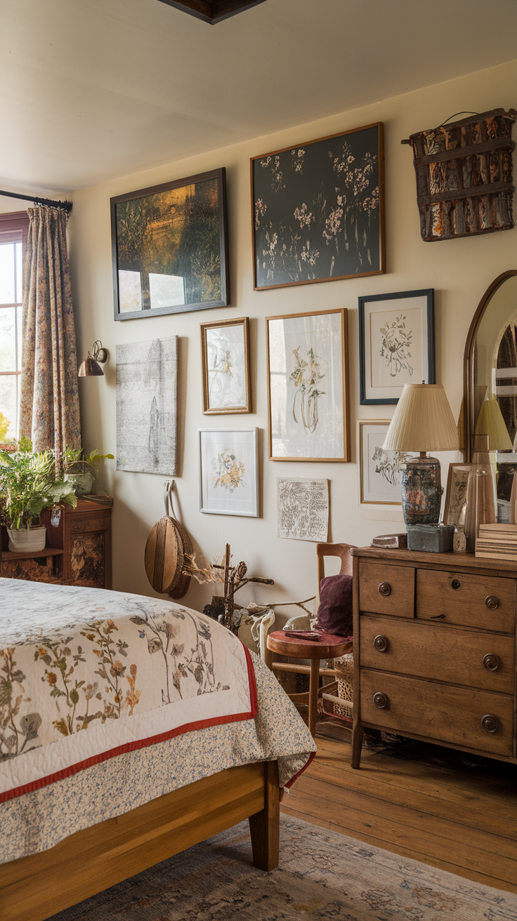 Cozy vintage cottagecore bedroom with floral bedspread and charming artwork on the walls.