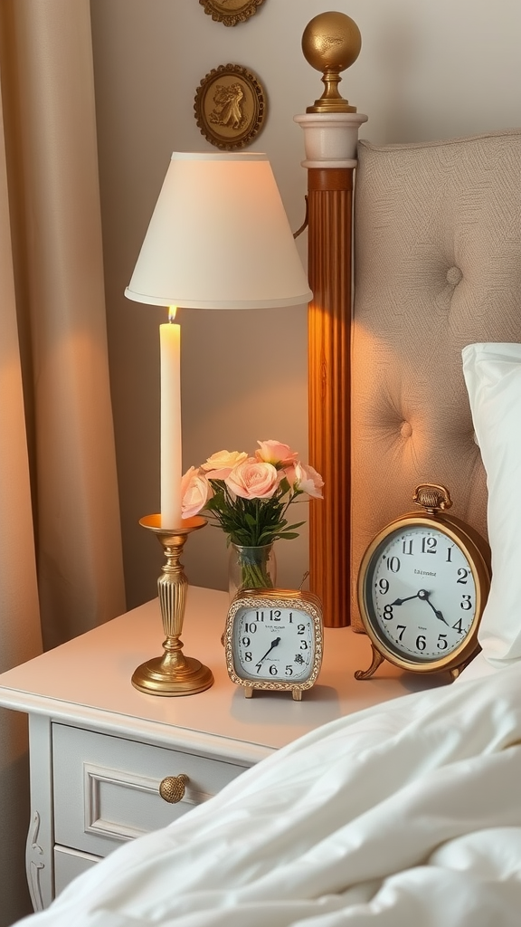 Charming bedside accessories featuring a lamp, flowers, and vintage clocks