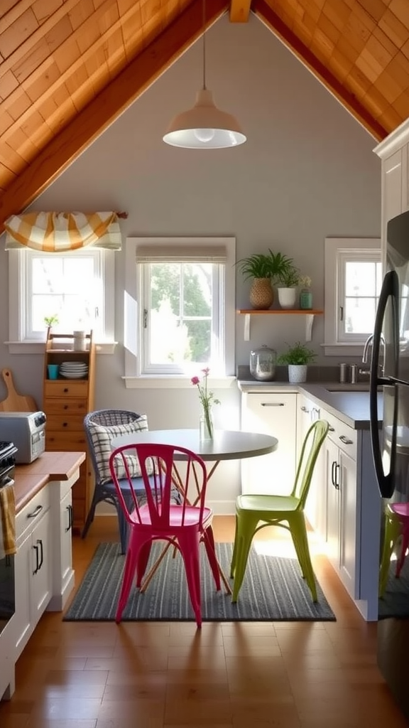 A cozy kitchen nook with A-frame ceiling, colorful chairs, and natural light.