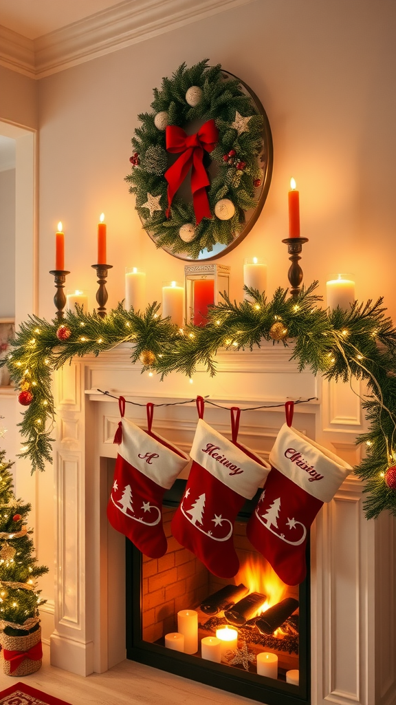 A beautifully decorated Christmas mantel with a wreath, stockings, candles, and garland.