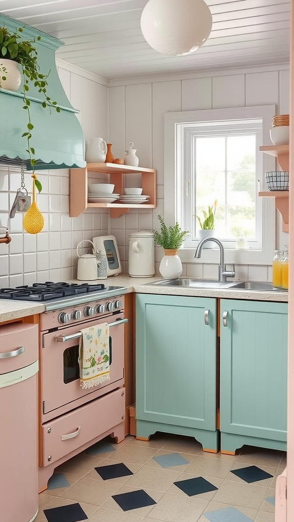 A cozy cottage kitchen featuring vintage appliances and pastel color scheme.