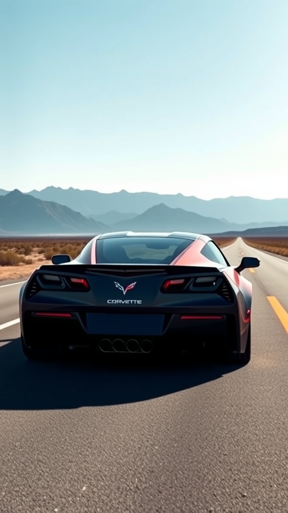 Chevrolet Corvette Z06 on an open road with mountains in the background