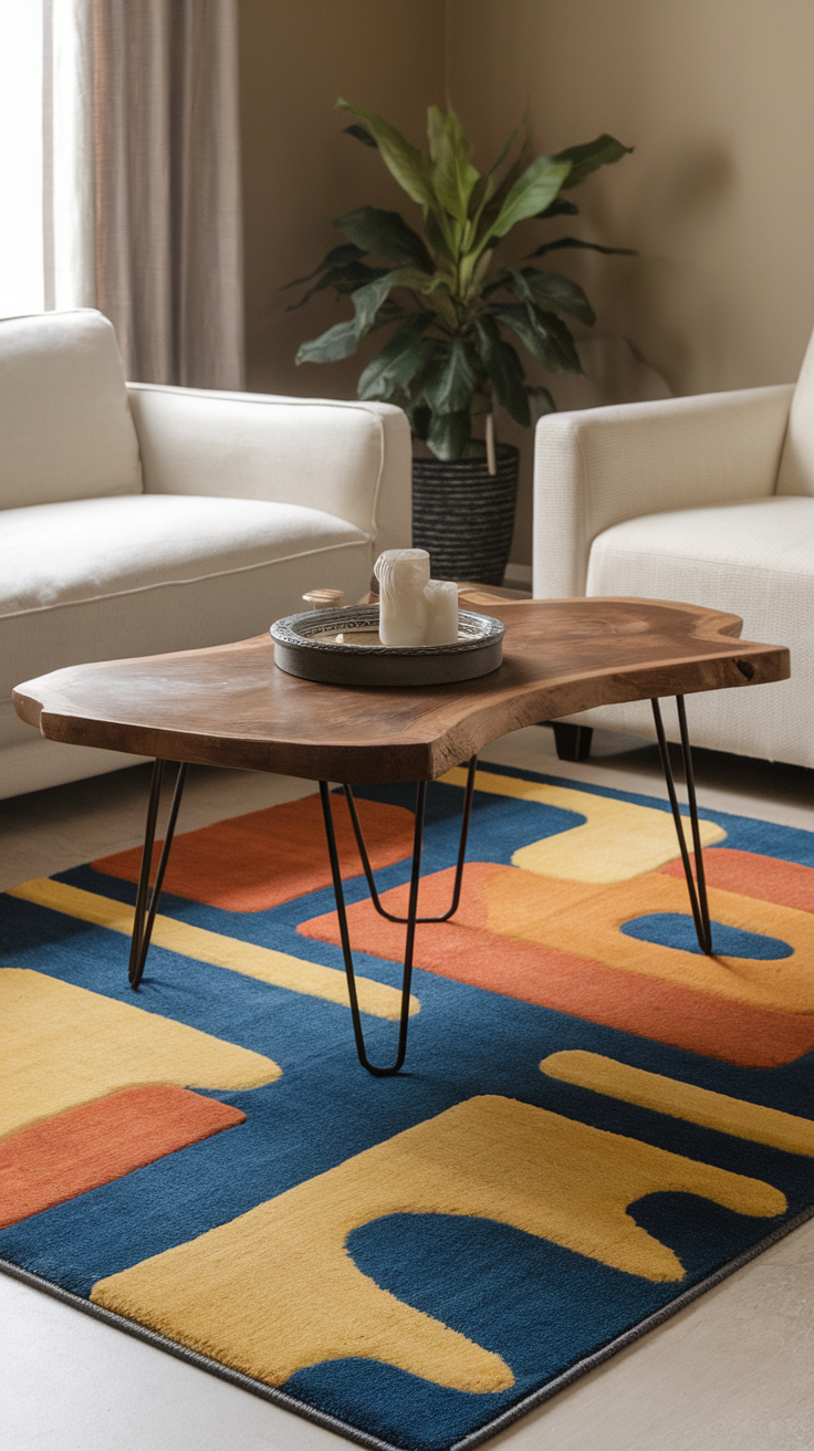 A colorful area rug with bold shapes under a wooden coffee table in a cozy living room setting.