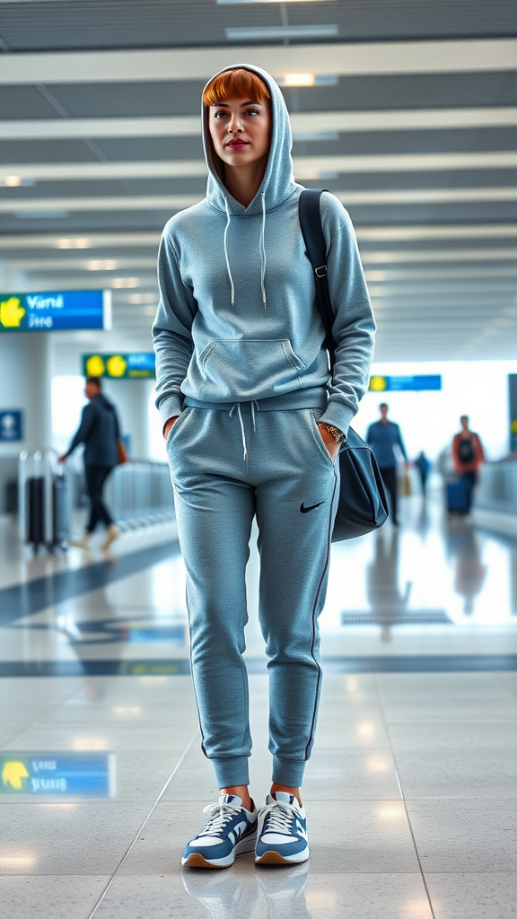 A young woman in a light blue hoodie and joggers, looking stylish at the airport.