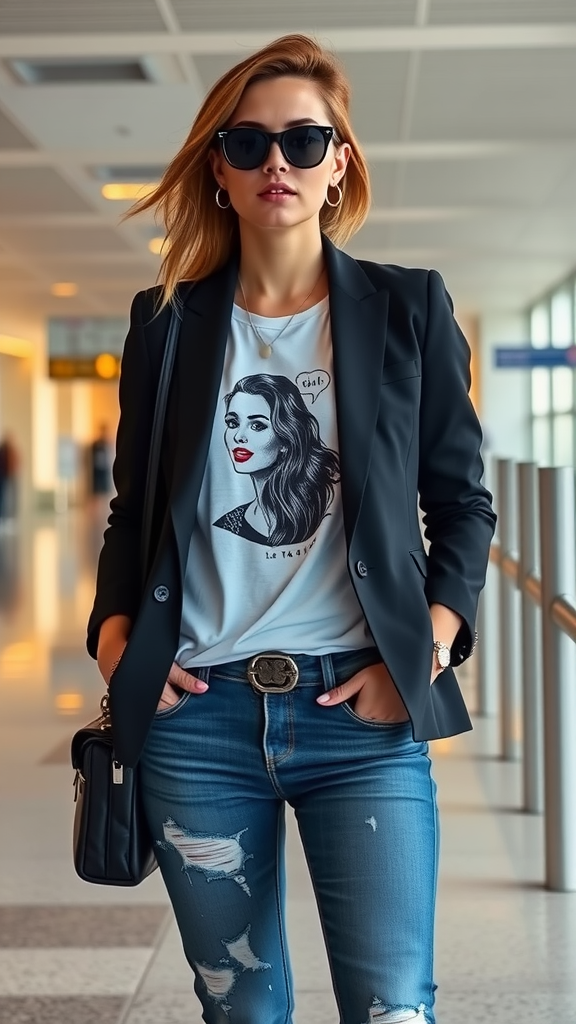 A stylish woman in a black blazer, graphic tee, and ripped jeans, looking chic at the airport.