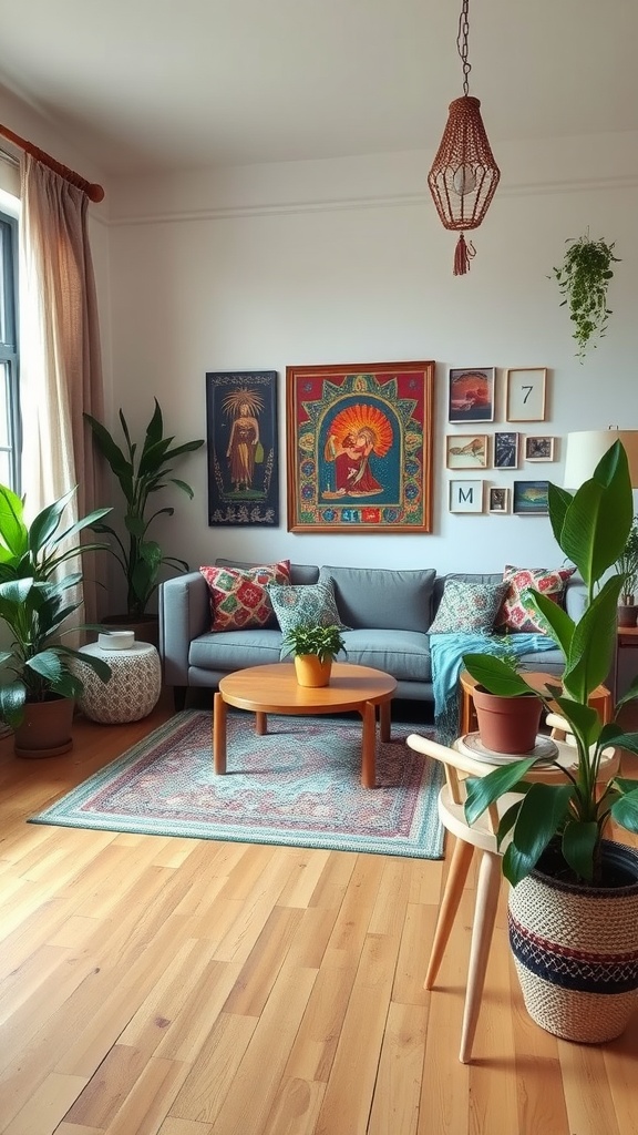 A cozy bohemian living room with a gray sofa, colorful cushions, houseplants, and vibrant wall art.