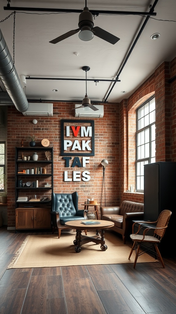 Chic industrial-style room featuring brick walls, wooden furniture, and unique decor elements.