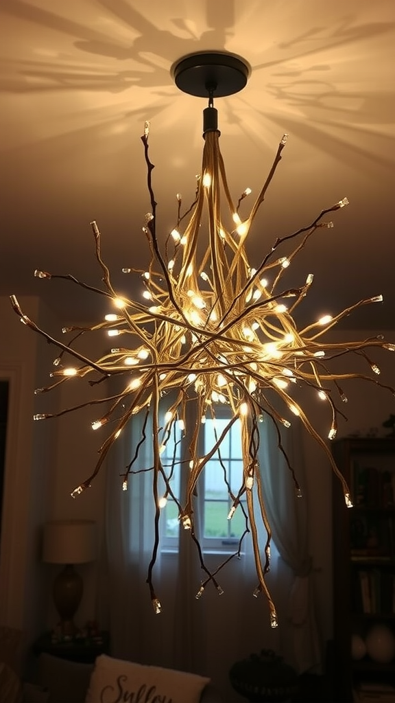 A handmade lighting fixture resembling branches with warm lights illuminating the room.