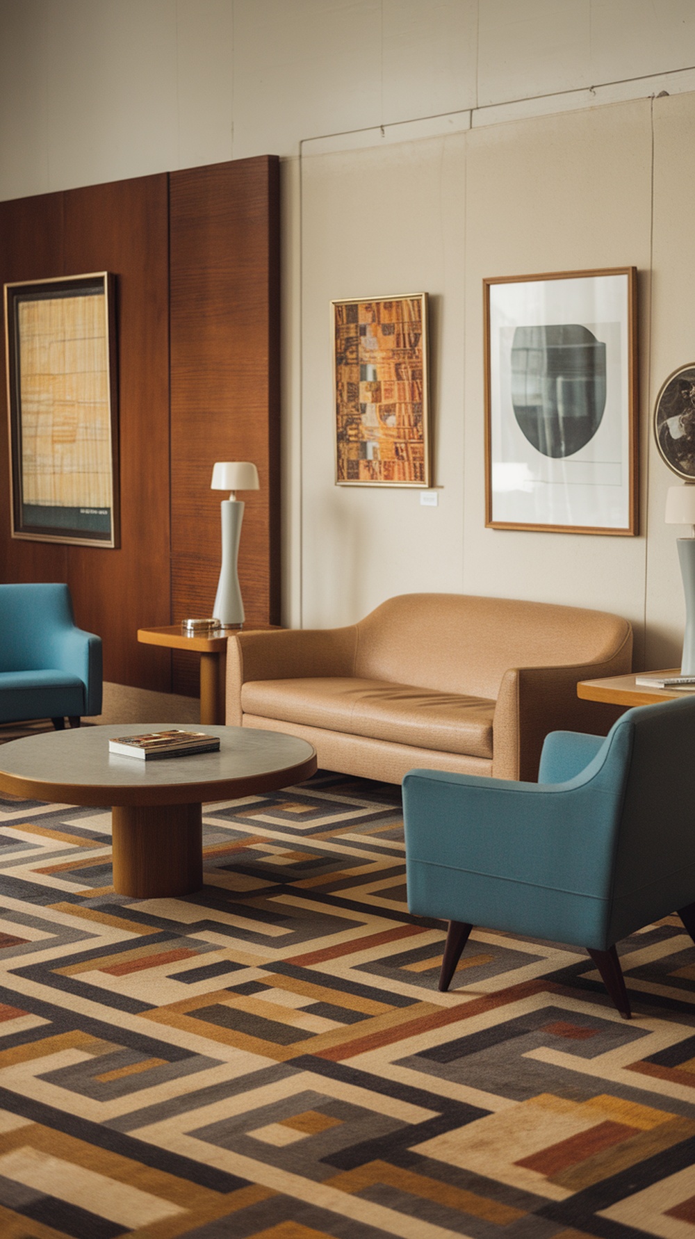 A stylish living room with mid-century modern furniture, featuring a beige sofa, blue chairs, and a patterned rug.