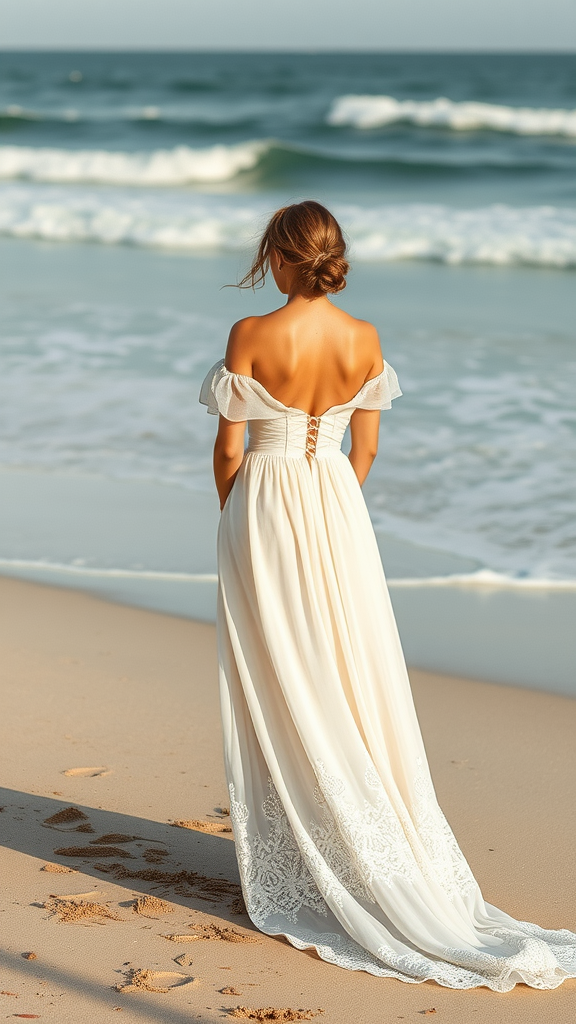 A woman in an off-the-shoulder wedding dress stands on the beach, looking at the ocean waves.