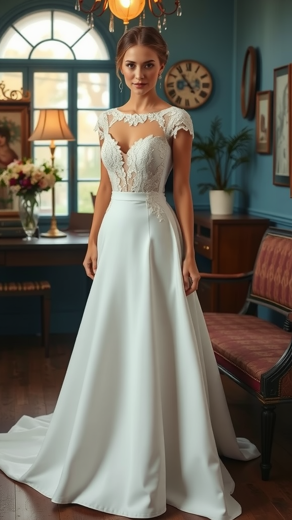 A beautiful woman in a chic tea-length wedding dress with lace details, standing in a vintage-inspired room.