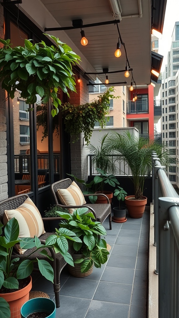 Stylish urban balcony with plants, string lights, and comfortable seating.