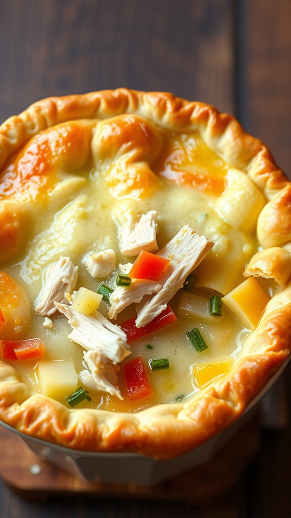 A delicious chicken pot pie with shredded chicken and colorful vegetables in a flaky crust.