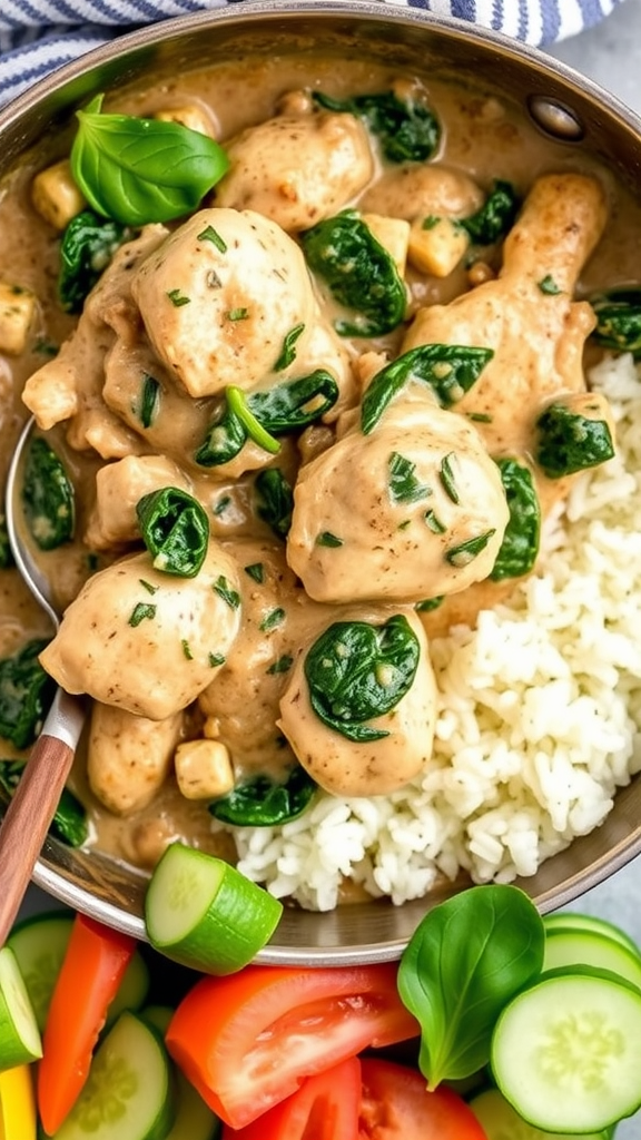 A bowl of Chicken Stroganoff with Spinach served with rice and fresh vegetables.