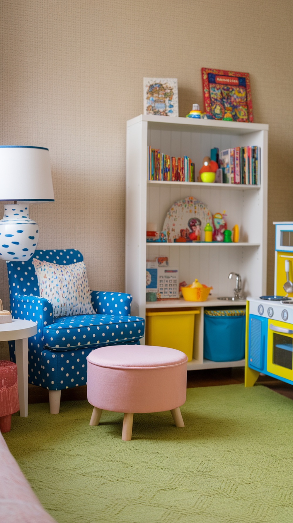 A colorful child-friendly living room with playful furniture and storage.
