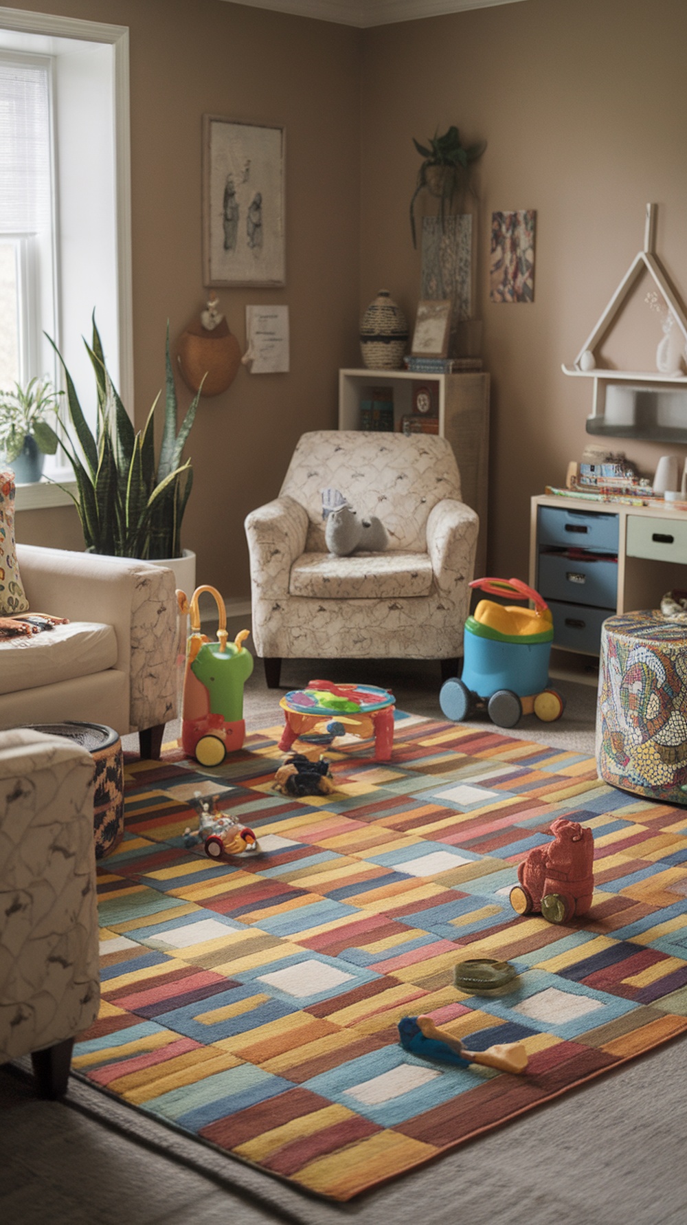 A cozy living room with a colorful rug, toys scattered around, and comfortable seating, ideal for a child-friendly environment.