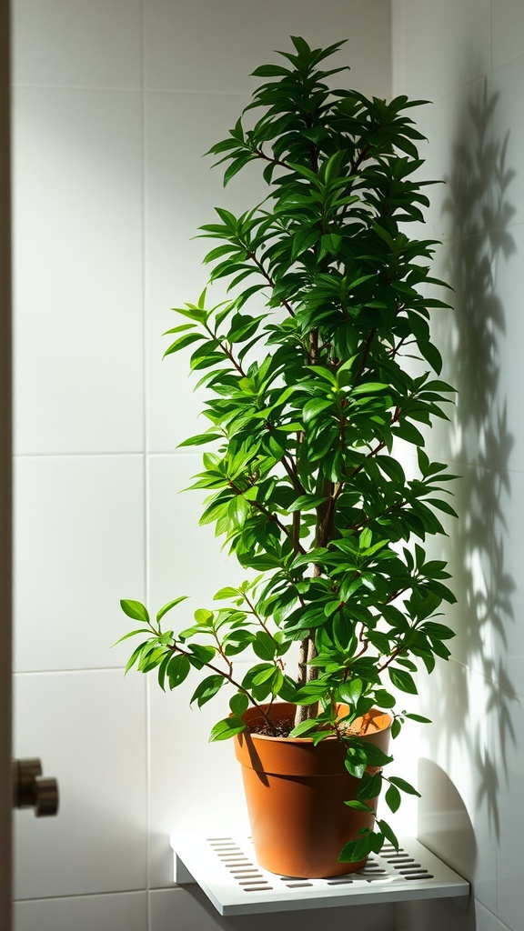 A Chinese Evergreen plant in a terracotta pot placed on a shelf in a bathroom, showcasing vibrant green foliage illuminated by light.