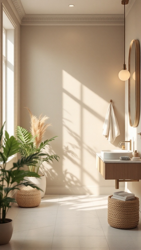 A minimalist bathroom with neutral colors, featuring plants and natural light.