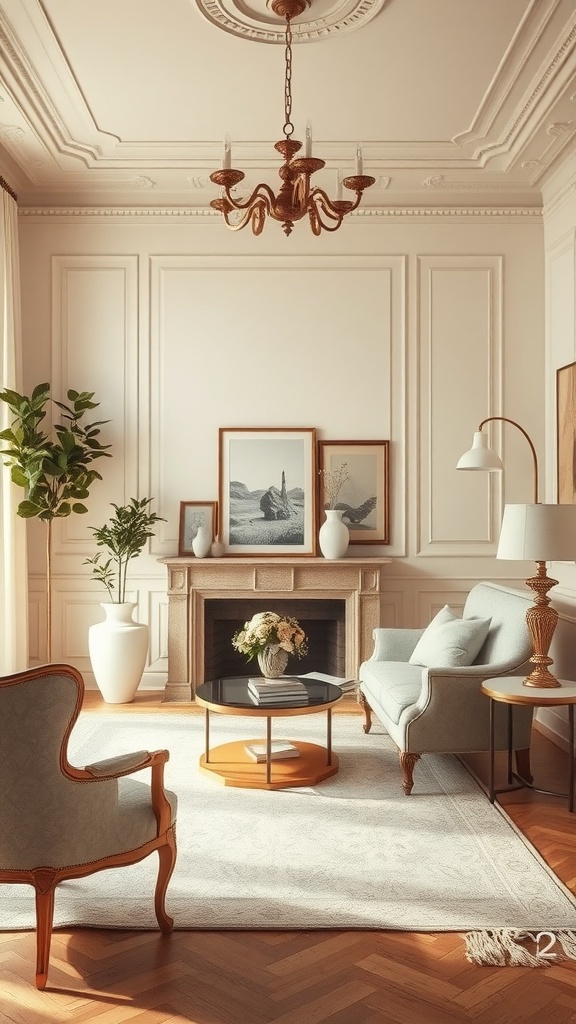 A stylish living room with a neutral color palette featuring elegant furniture and decor.