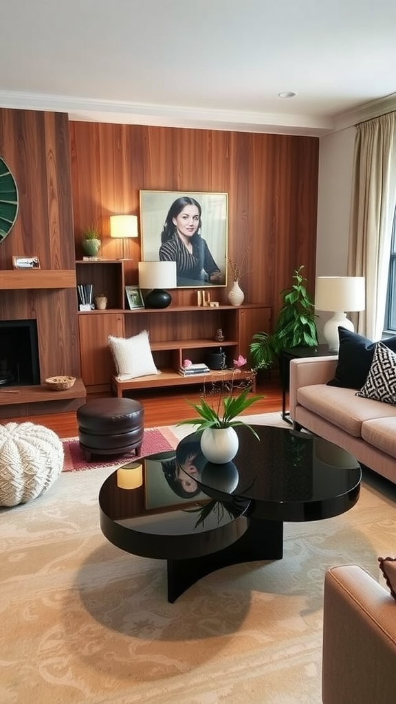 A stylish living room showcasing a black coffee table with a round design, complemented by a cozy couch and wooden accents.