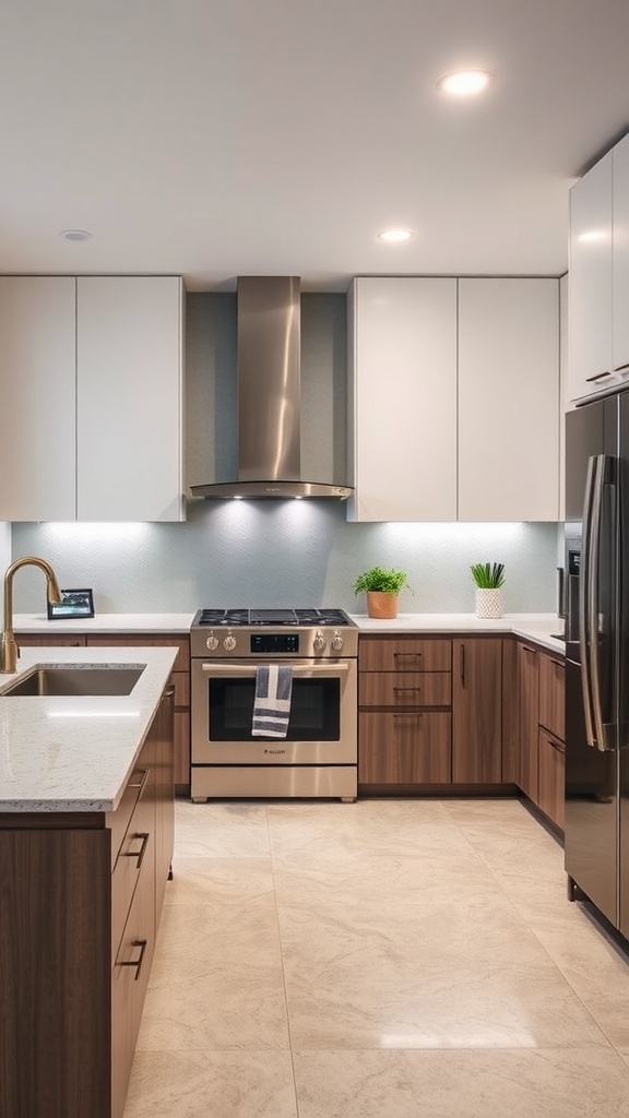 A modern kitchen featuring high-end appliances with a sleek design, warm wood cabinetry, and plants.