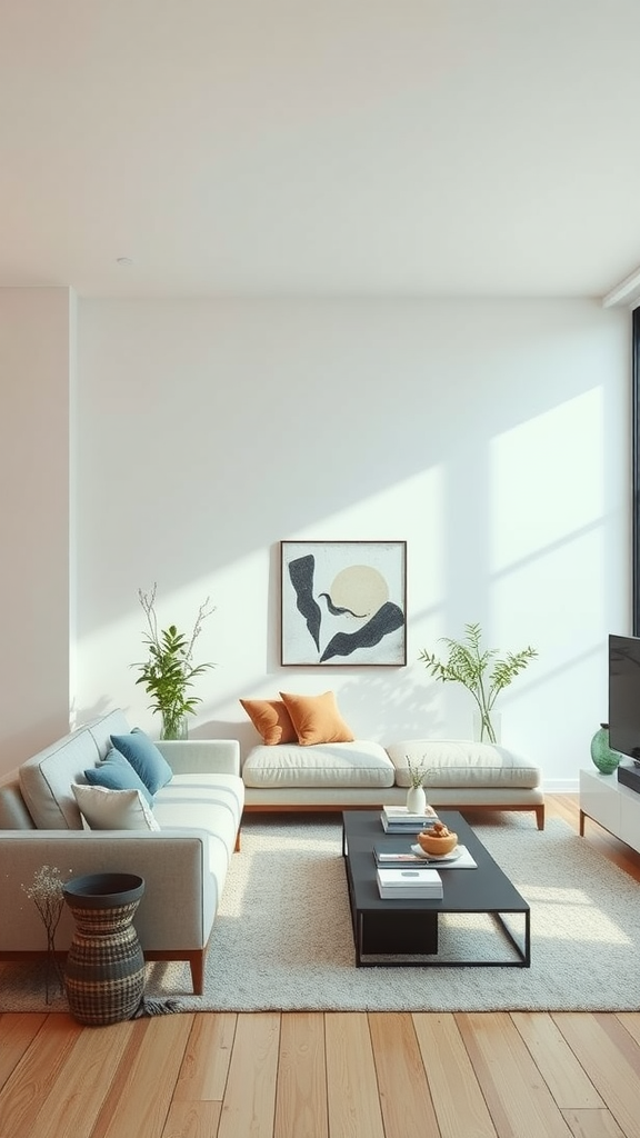A minimalist living room featuring a cozy couch, coffee table, and plants in a bright setting.