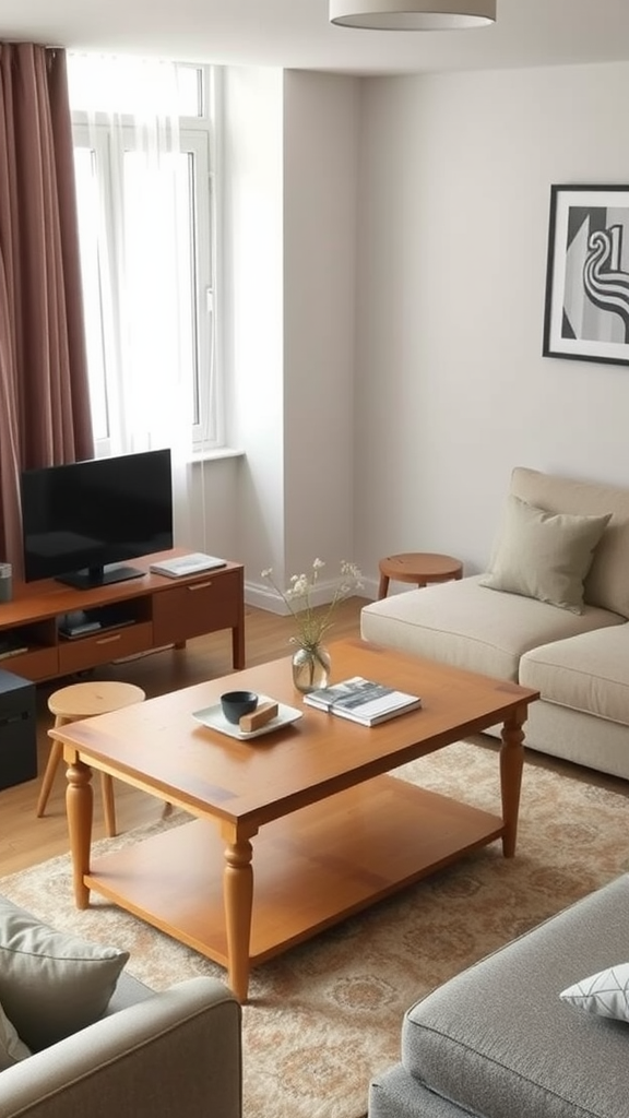 A cozy small living room featuring a light-colored couch, wooden coffee table, TV stand, and decorative elements.