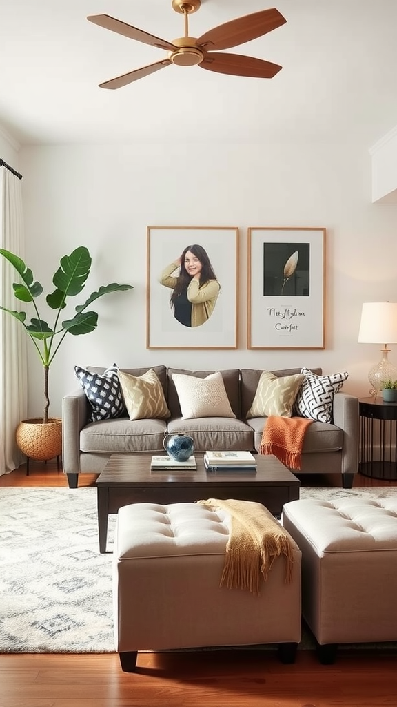 Cozy living room featuring a small couch, ottomans, and decorative elements.