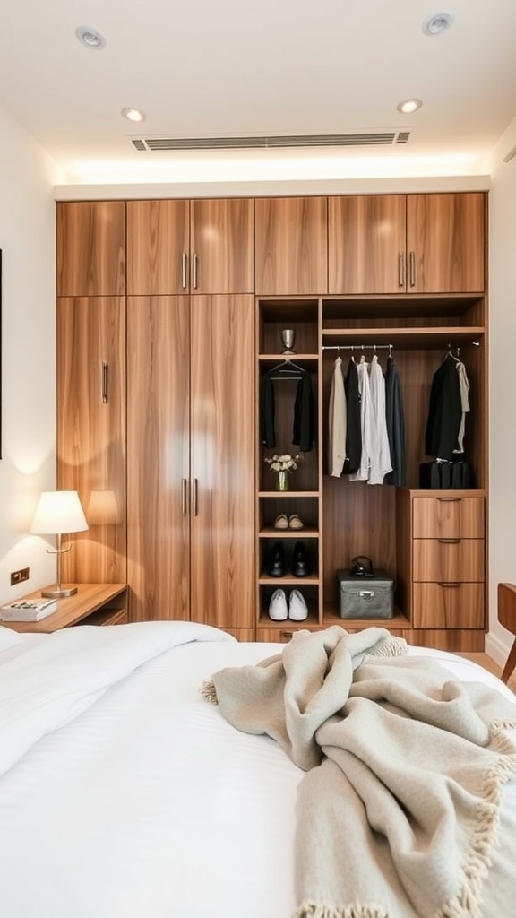 Modern wooden wardrobe in a tiny bedroom with open shelving and closed storage.