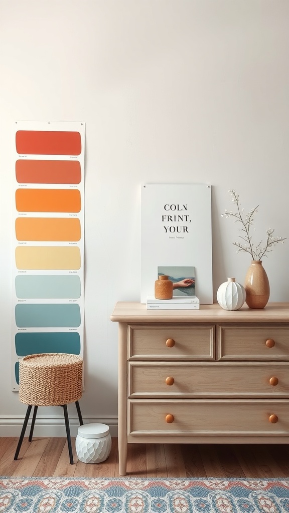 A dresser decorated with a mix of decor items, showcasing a color palette with warm and cool tones.
