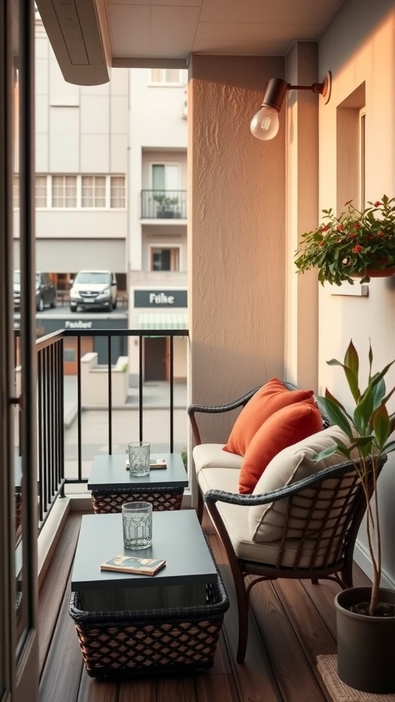 A cozy small balcony featuring a sofa with cushions, side tables, and a potted plant.
