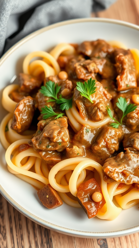 A plate of Beef Stroganoff served over noodles, garnished with parsley.