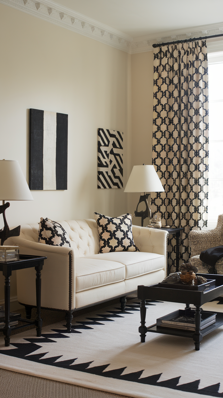 A stylish living room featuring a cream sofa with black patterned pillows, geometric rug, and elegant decor in black and cream colors.