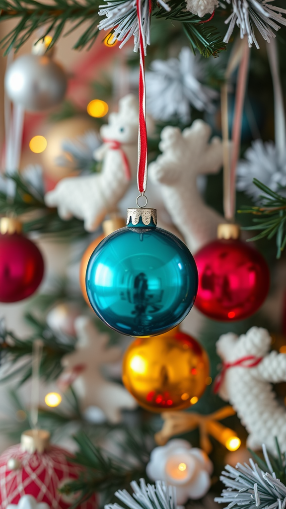 Colorful classic Christmas ornaments on a tree, including blue and red baubles and knitted reindeer.