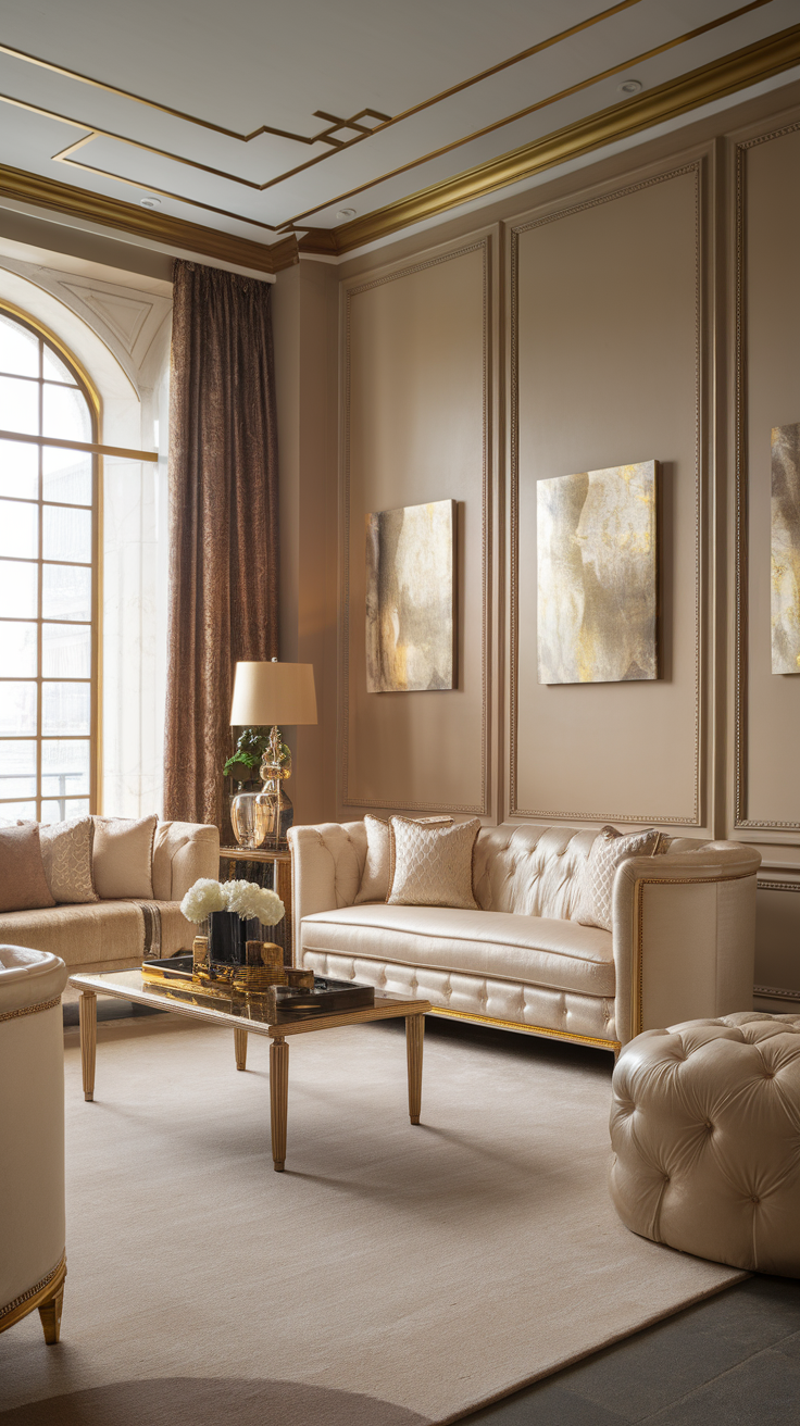 Luxurious living room with cream and gold decor, featuring a plush sofa, elegant accents, and stylish wall art.