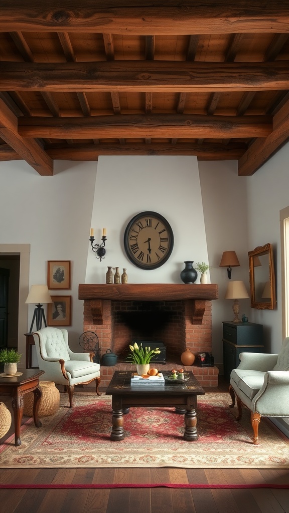 A cozy classic farmhouse living room featuring wooden beams, a brick fireplace, and elegant furnishings.