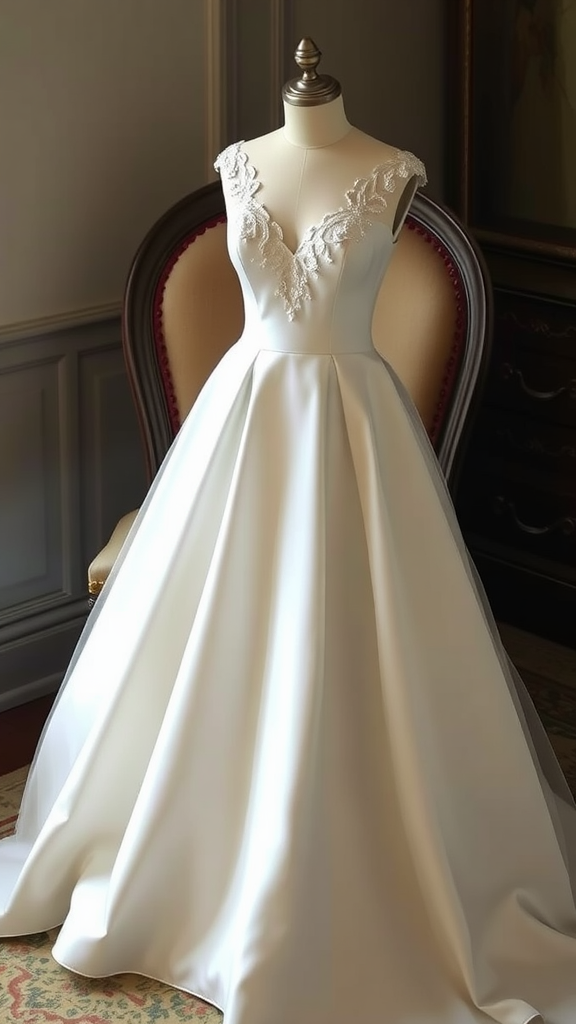 A classic sheath wedding dress with an illusion neckline displayed on a mannequin.