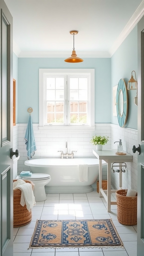 Coastal inspired bathroom with blue walls, freestanding tub, and natural decor