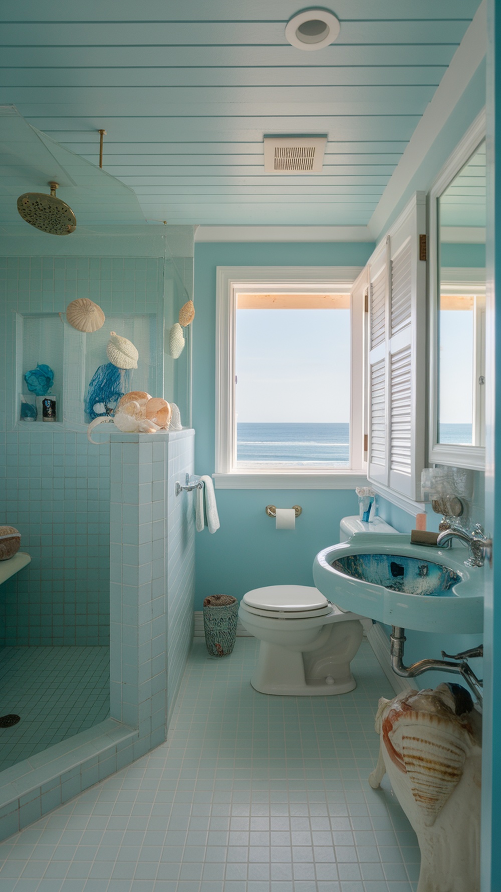 Coastal-themed bathroom with blue walls, nautical decor, and a view of the ocean.